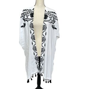 Chico’s Kimono Cover-Up with Black Embroidered Trim